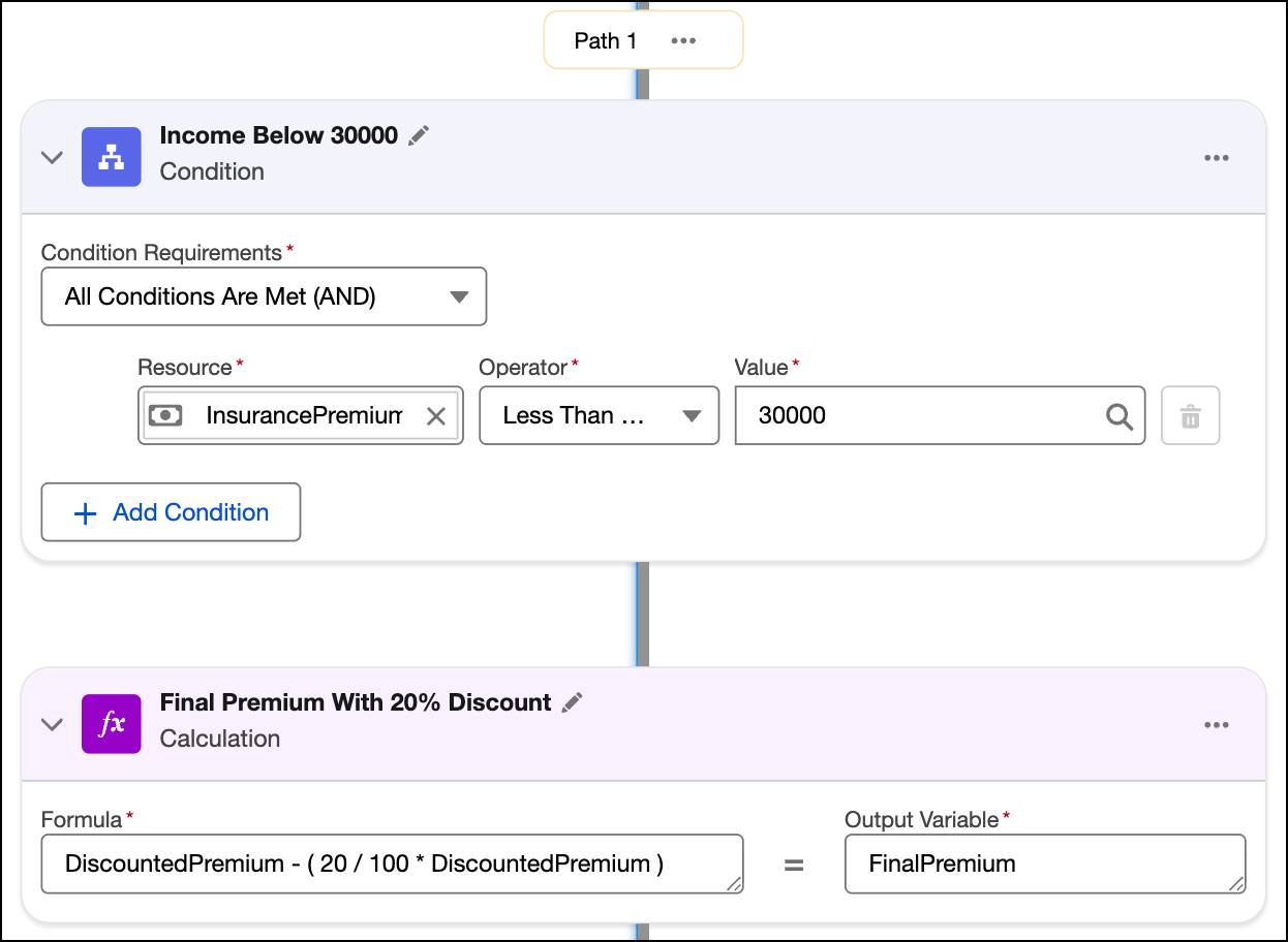 The first branch path along with its condition and calculation elements.