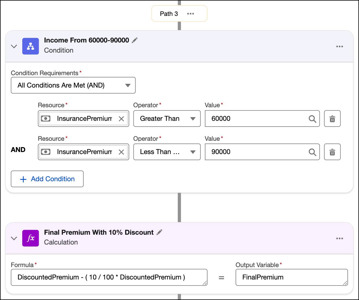 The third branch path along with its condition and calculation elements.