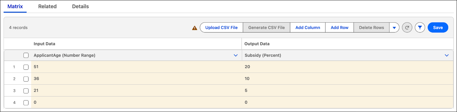Matrix tab showing the age and corresponding subsidy percentage for all age groups.