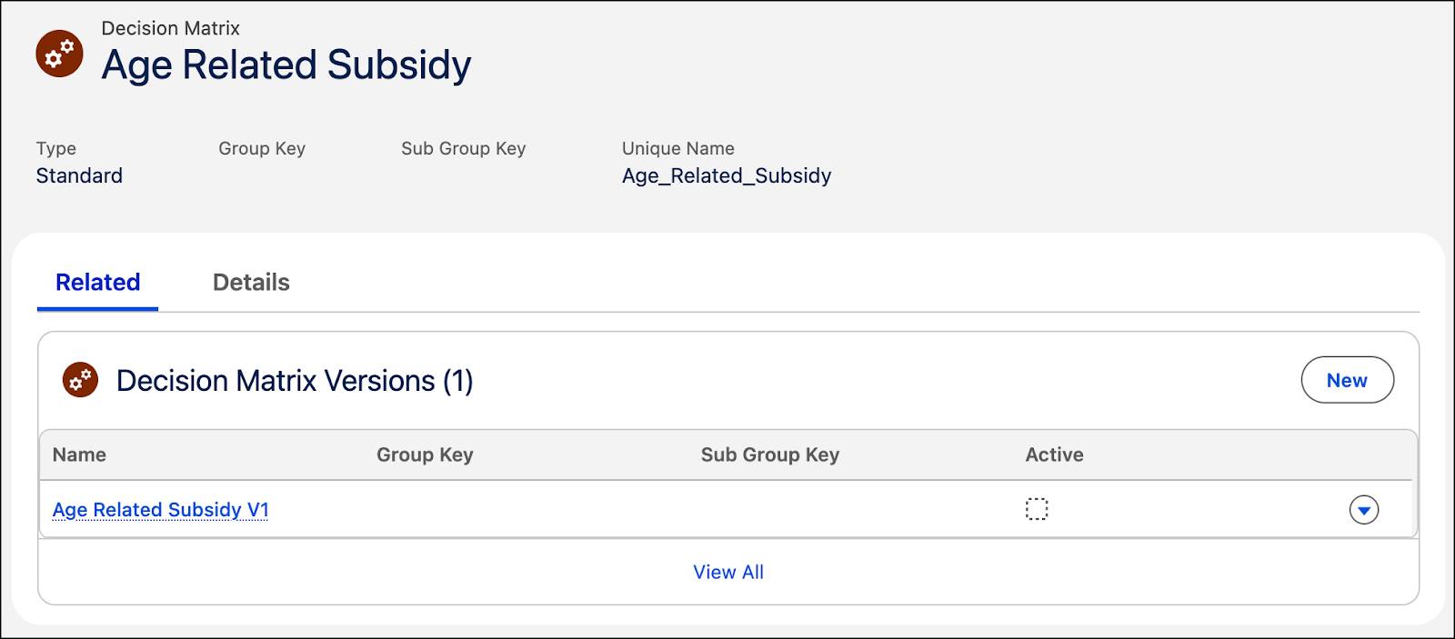 The Related tab showing version 1 of the Age Related Subsidy decision matrix.