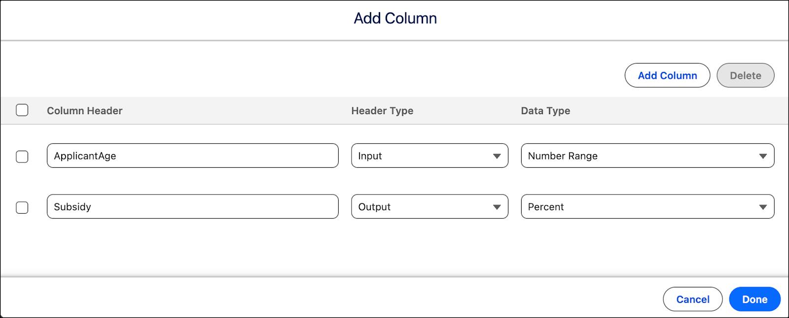 The Edit Columns window with ApplicantAge and Subsidy added as column headers.