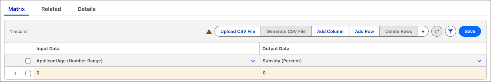 Matrix tab showing the age and corresponding subsidy percentage for applicants below 21 years.