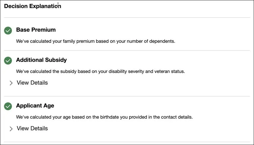 Simulation output in concise view showing decision explanations without Disability Severity.