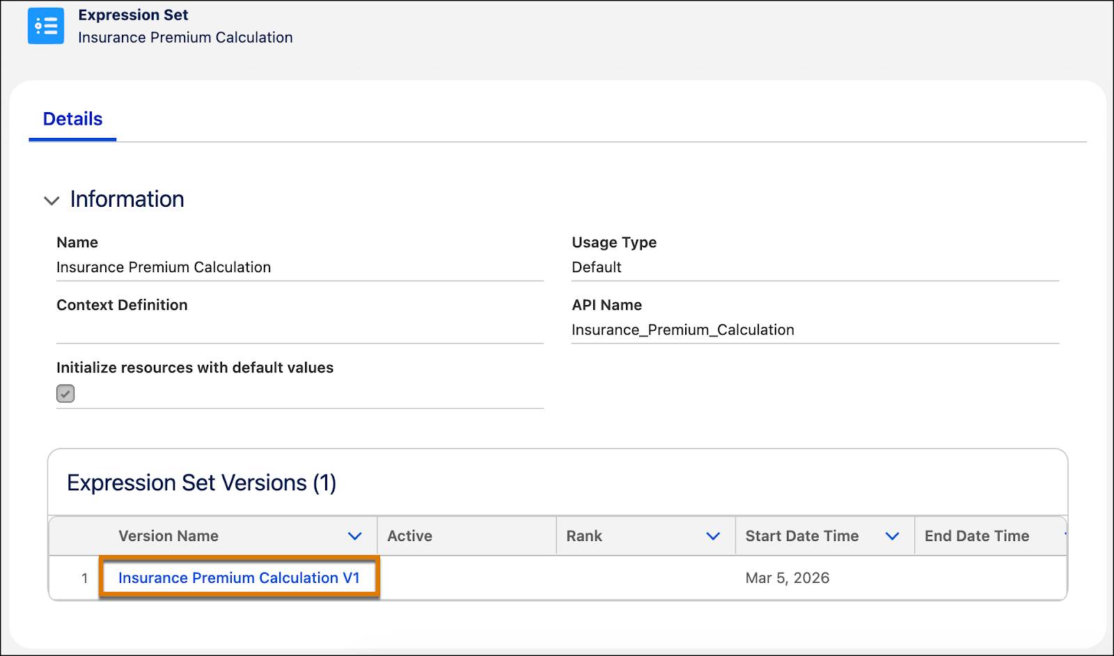 Expression set record page with the Insurance Premium Calculation V1 expression set version highlighted.