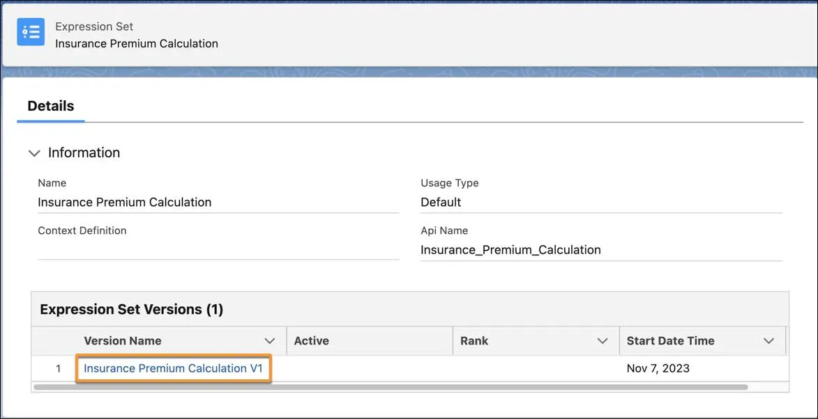 Expression set record page with the Insurance Premium Calculation V1 expression set version highlighted.