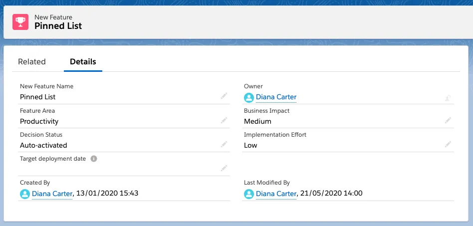 Example record in custom Release Management object.