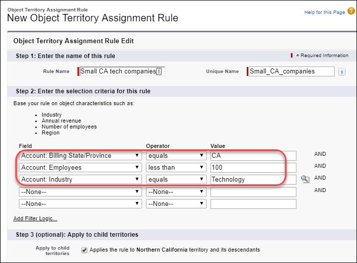 Assignment rule for small California tech companies, with three filter criteria defined.