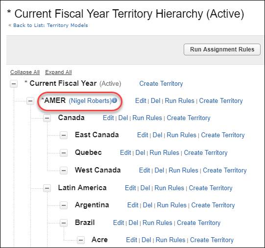 Territory hierarchy showing Nigel Roberts assigned as forecast manager for the AMER territory.