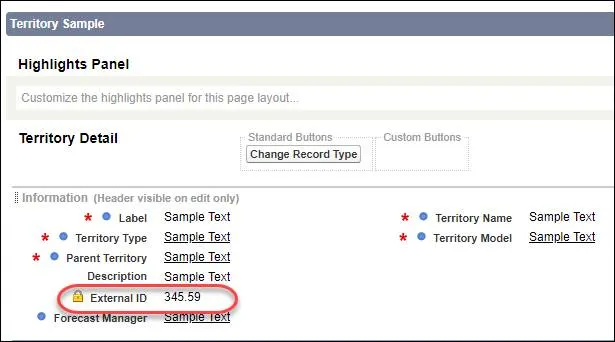 Territory page layout in Setup, with a custom External ID field added.