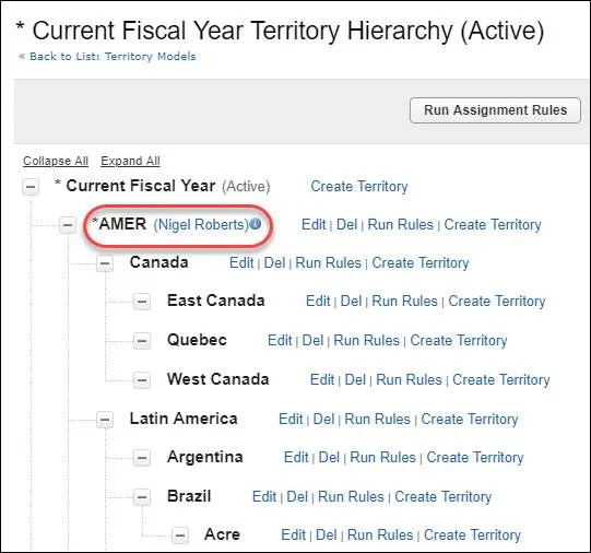 Territory hierarchy showing Nigel Roberts assigned as forecast manager for the AMER territory.