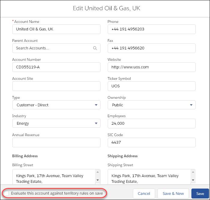 Account edit page with “Evaluate this account against territory rules on save” deselected.