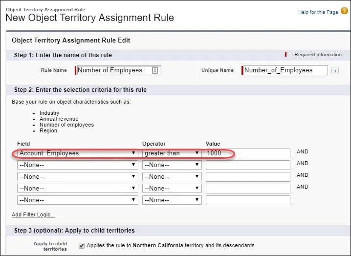 Assignment rule with a numeric filter criterion for number of employees greater than 1,000.