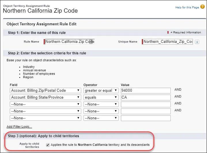 Assignment rule with Apply to child territories selected.