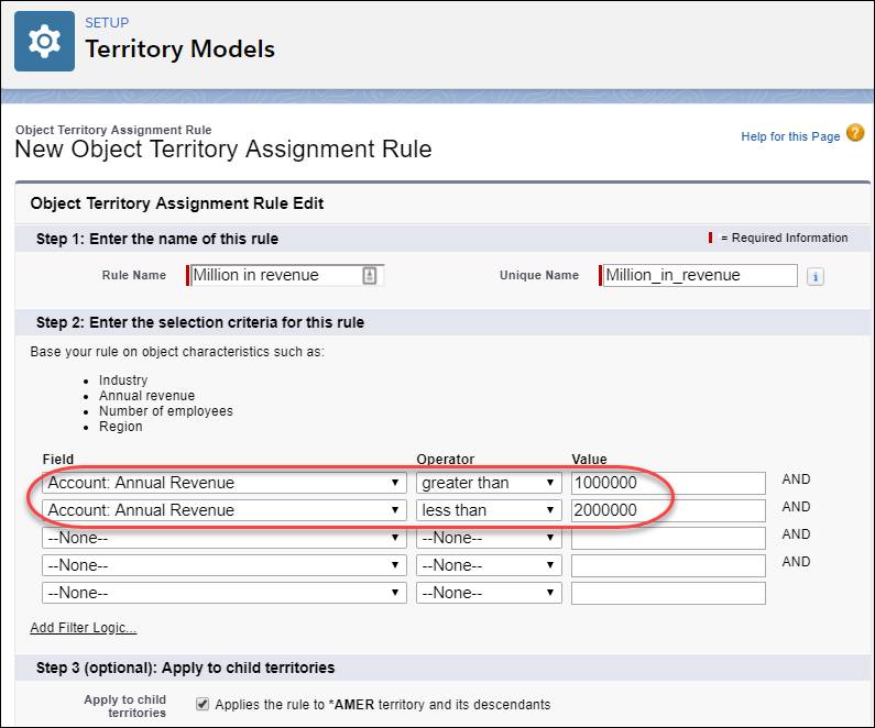 Assignment rule with filter criteria for revenue between 1 and 2 million.