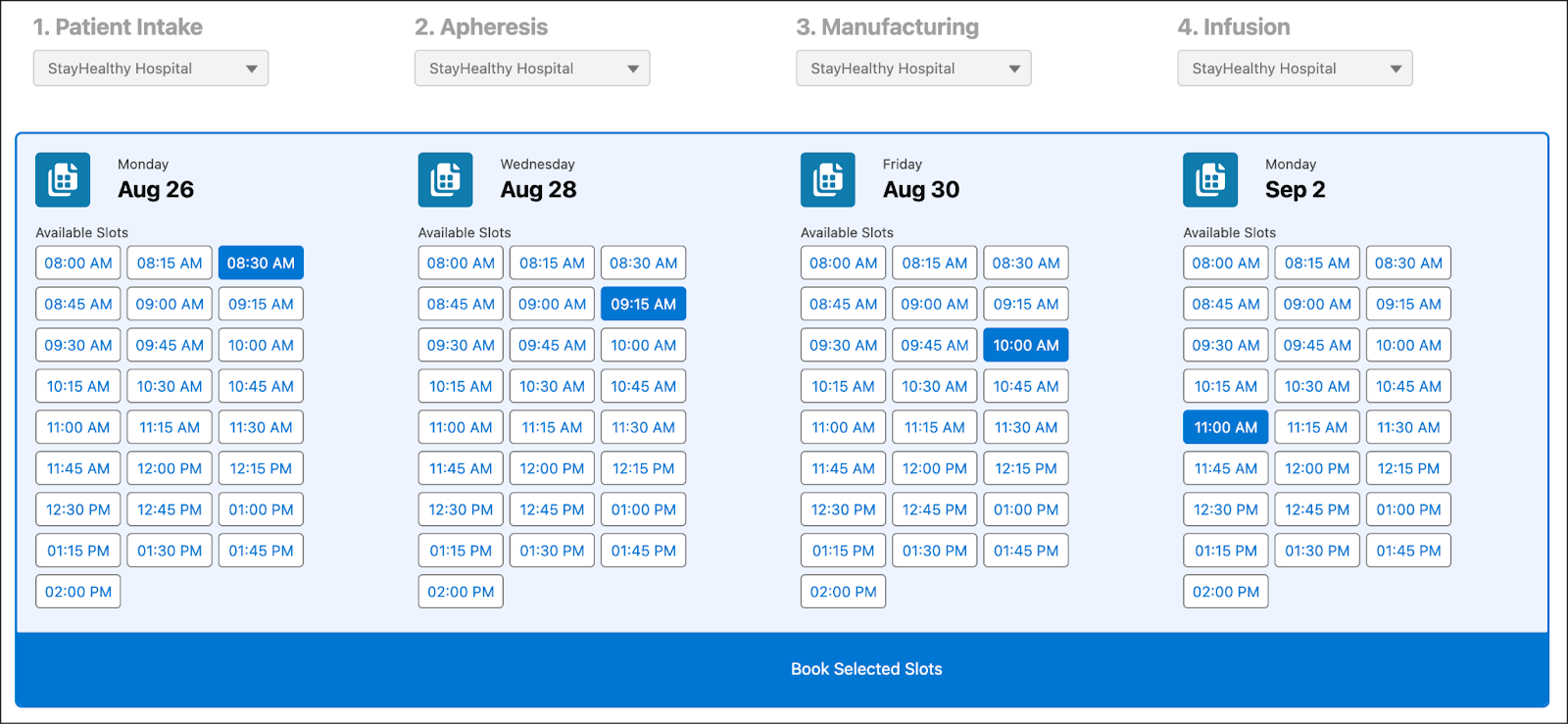 The Schedule Appointments tab with slot results for intake, apheresis, manufacturing, and infusion.