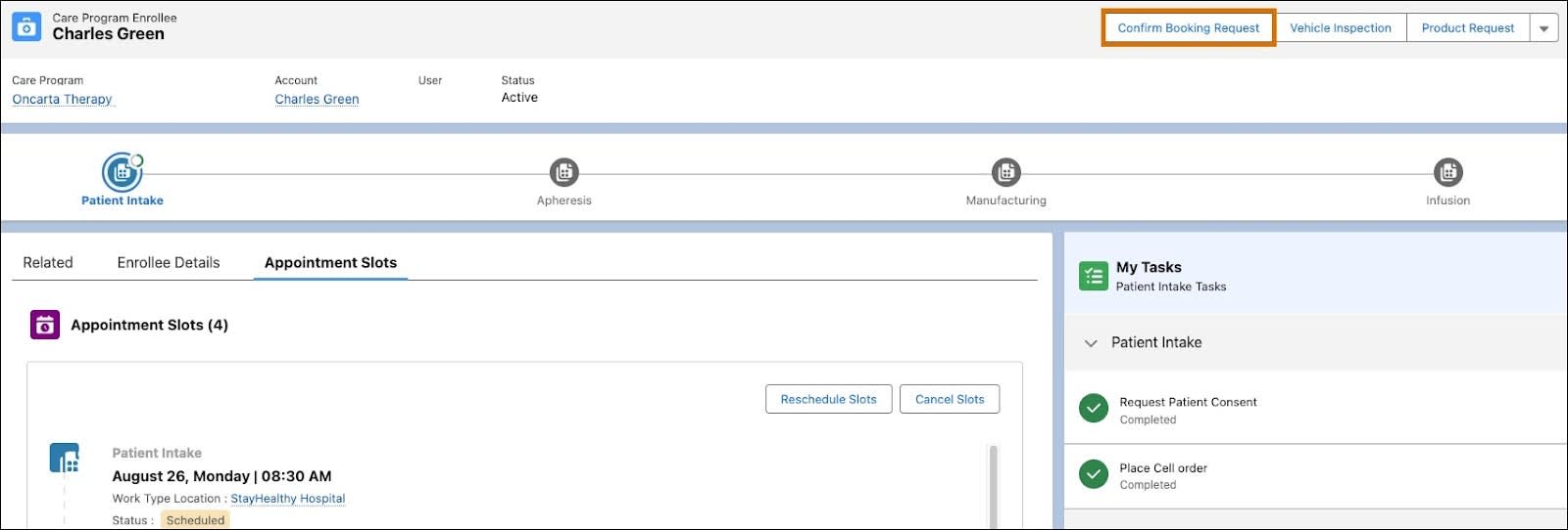 Charles Green’s record page with the Confirm Booking Request button in the highlights panel.
