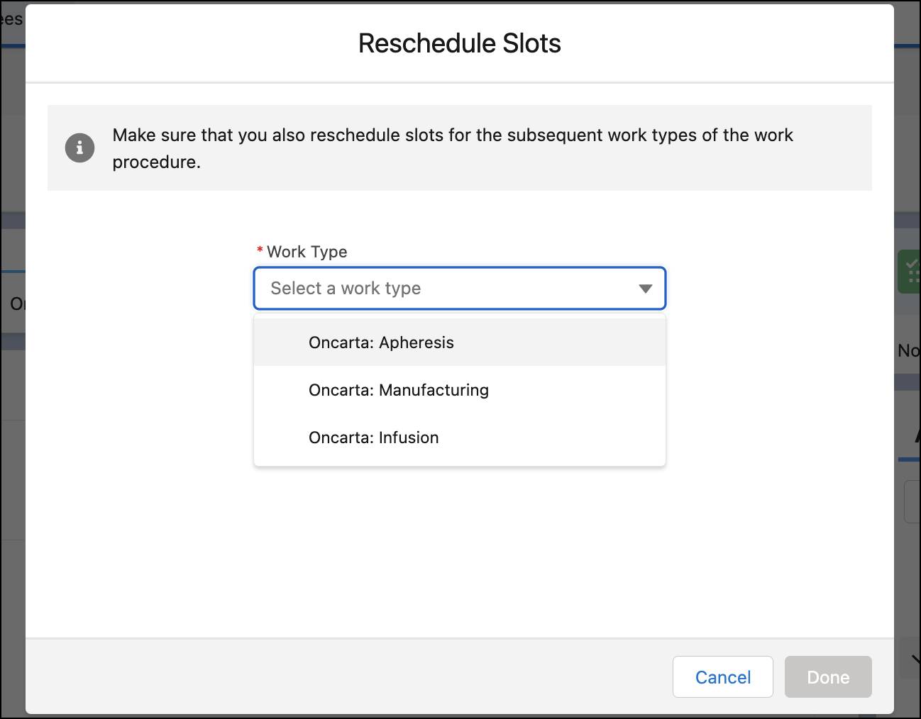 The Reschedule Slots window showing the work types that you can reschedule.