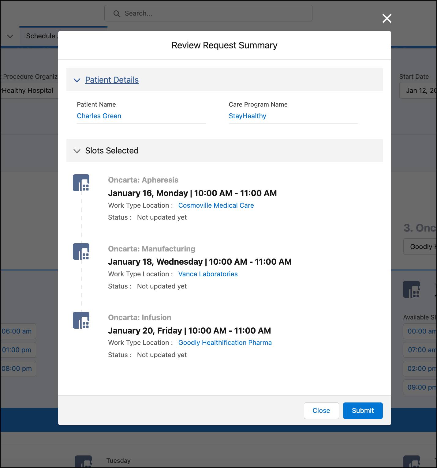 The Review Request Summary window showing the details of the patient and the selected slots.