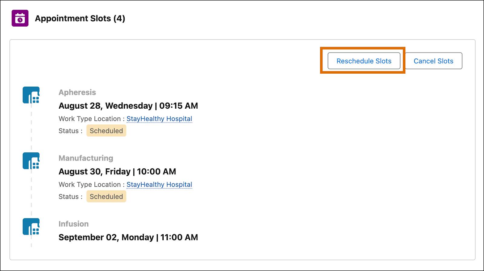 The Reschedule Slots button on the Appointment Slots component.