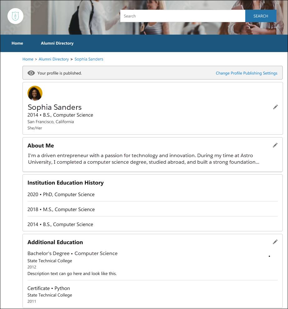 Sophia’s alumni profile on the Alumni Community Portal.