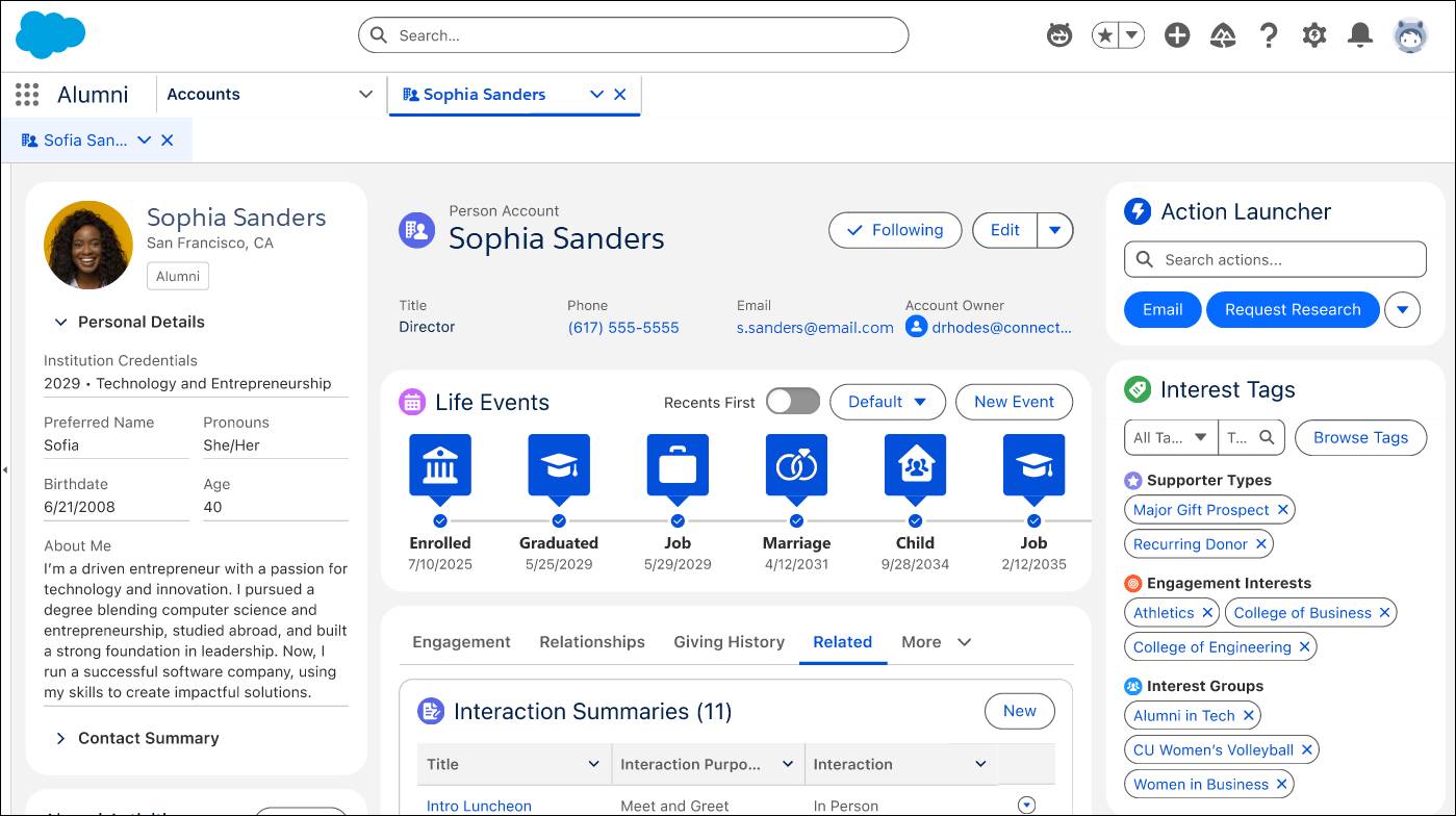 Sophia’s alumni account record.