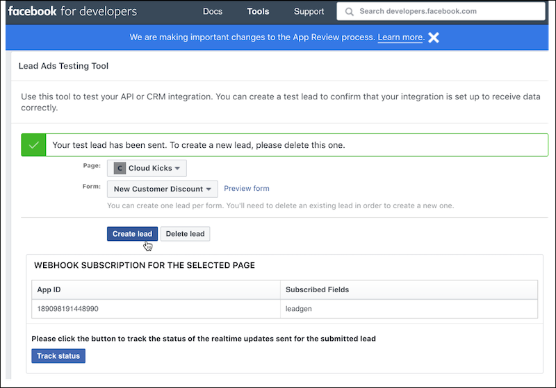 Testing Lead Capture Form in Facebook cursor on Create lead