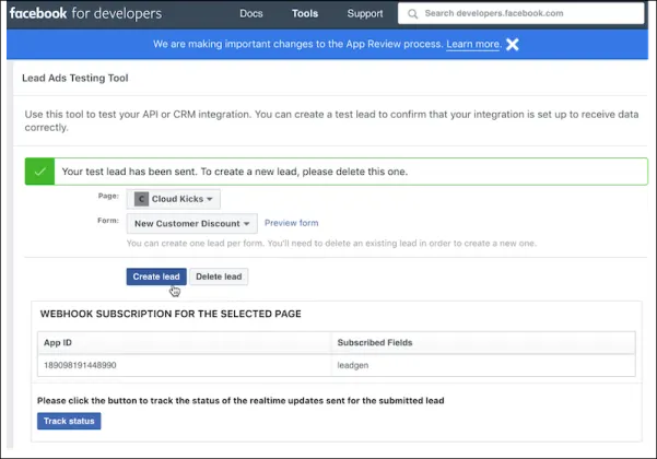 Testing Lead Capture Form in Facebook cursor on Create lead