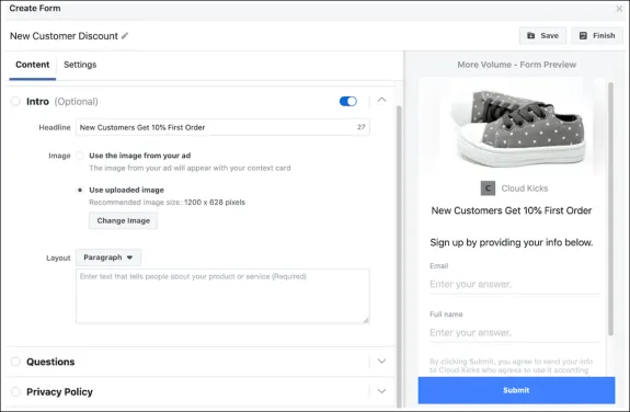 Facebook Lead Form creation form for Cloud Kicks New Customers