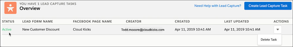 Cloud Kicks 用のアクティブな Lead Capture フォーム