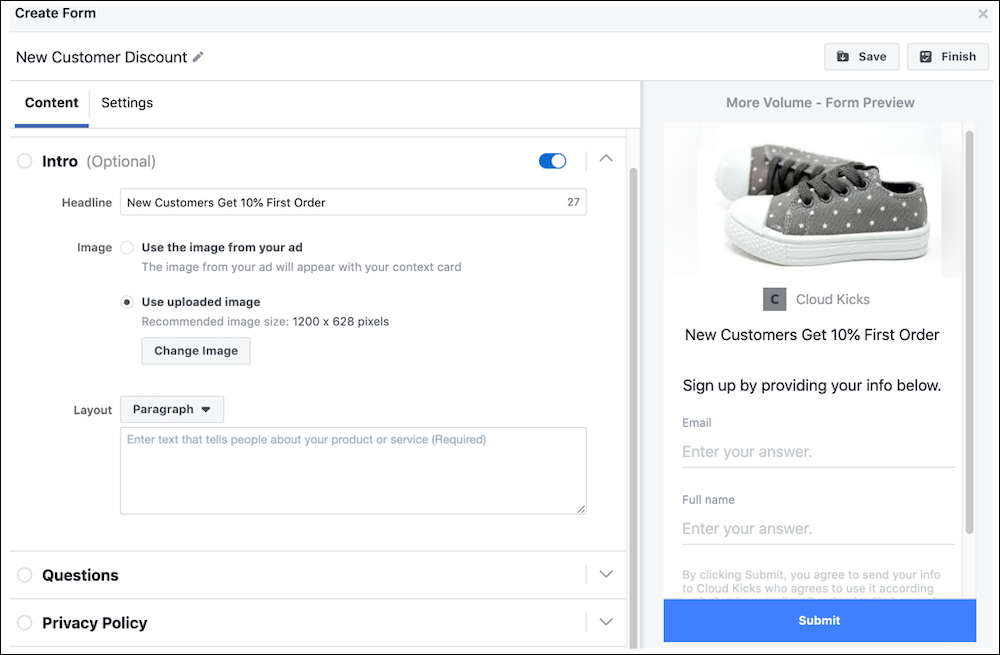 Cloud Kicks 新規顧客用の Facebook のリードフォーム作成フォーム