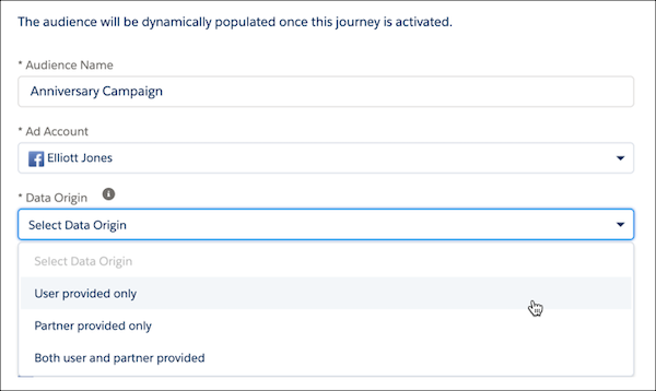 Audience Creation with Data Origin selected