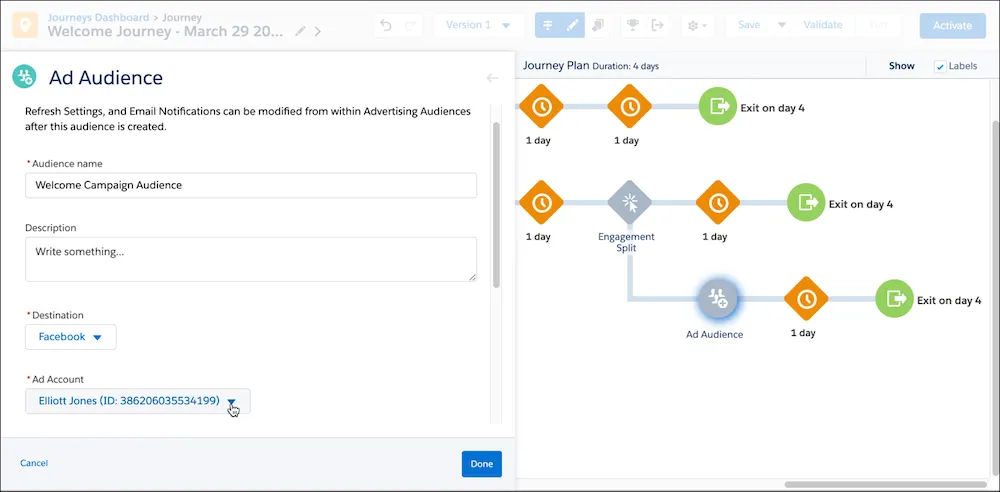 Creación de audiencia de publicidad de Journey Builder