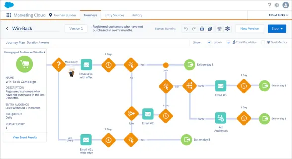 Win-back journey map with paths for unengaged subscribers ending with an Ad Audience split