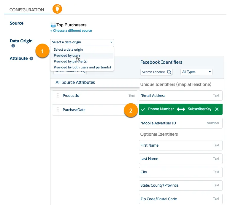 Audience Configuration with callouts for Data Origin and Facebook Identifiers