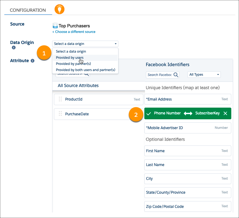 Configuration de l’audience, avec des appels externes pour l’origine des données et les identifiants Facebook