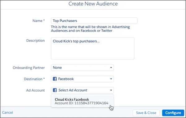 Cloud Kicks の上位購入者が含まれる Top Purchasers (上位購入者) という新規オーディエンスを作成する