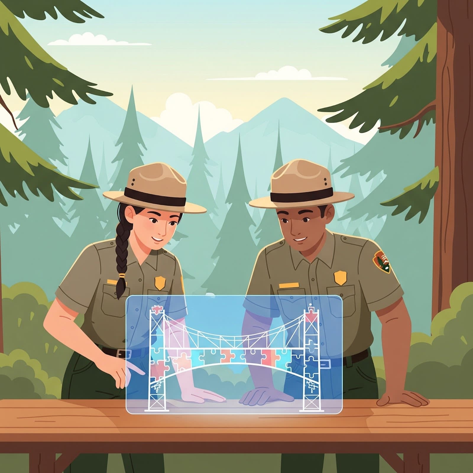 Two park rangers examine a holographic bridge blueprint.