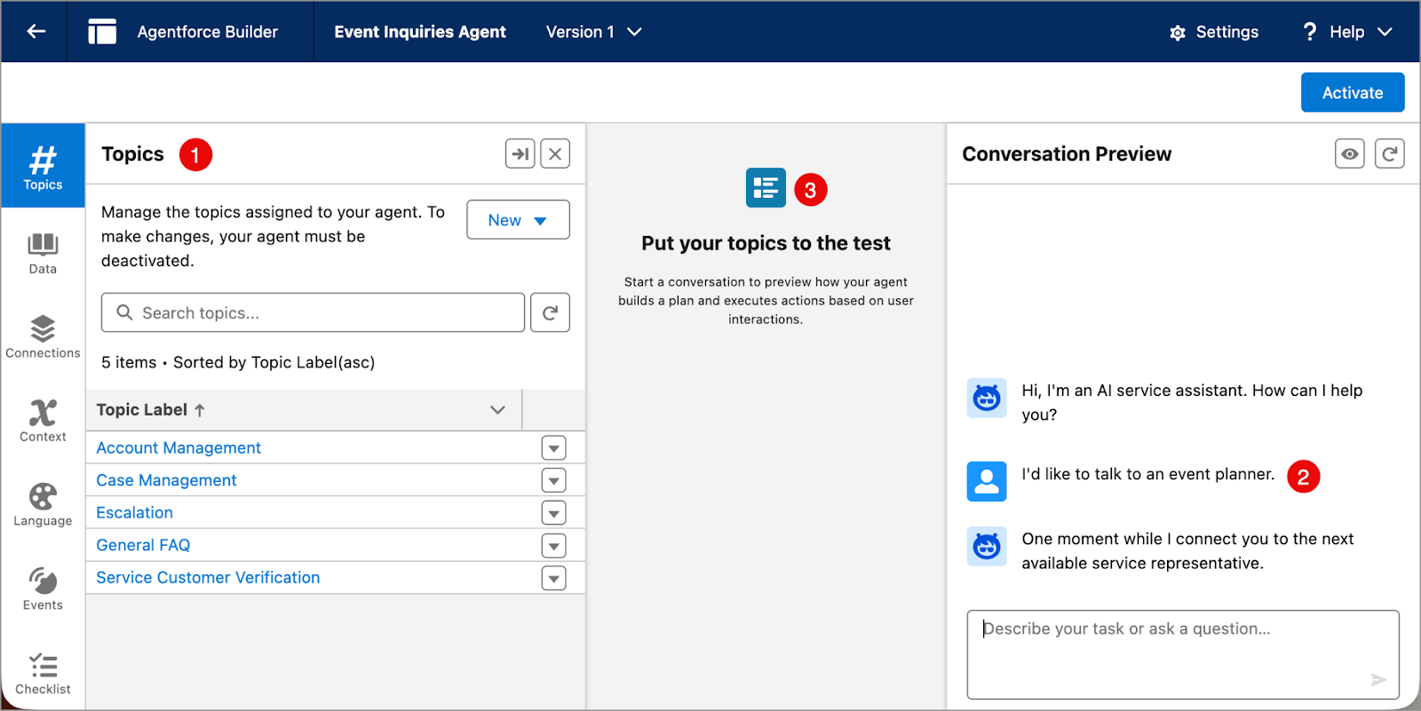 Panneaux du générateur Agentforce correspondant à la description précédente.