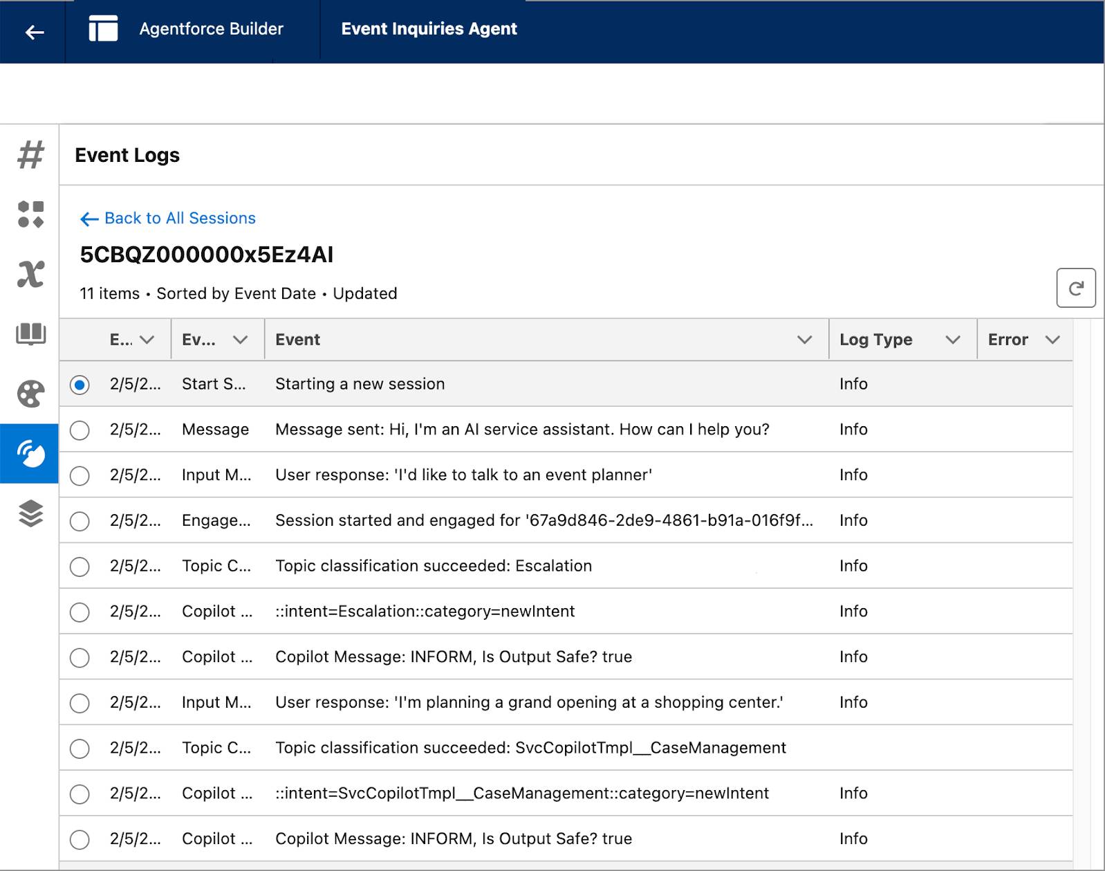 Event log session showing interactions between the user and agent.