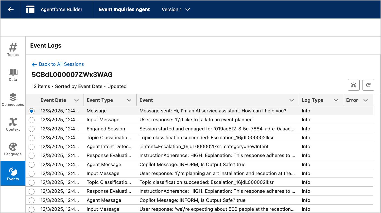 Event log session showing interactions and session details between the user and agent.