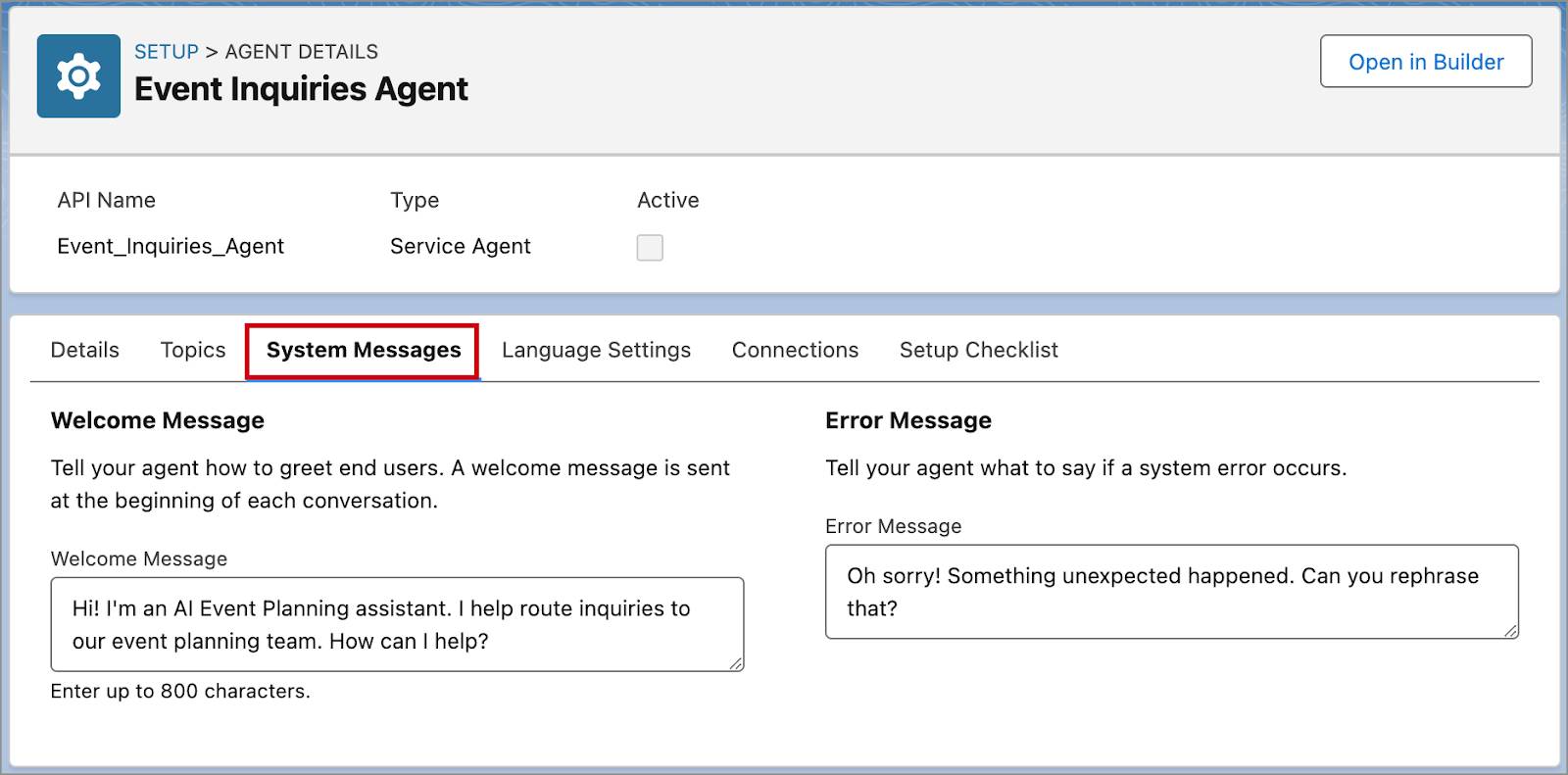 La ficha System Messages (Mensajes del sistema) muestra un mensaje de bienvenida y de error correspondientes con los pasos anteriores.