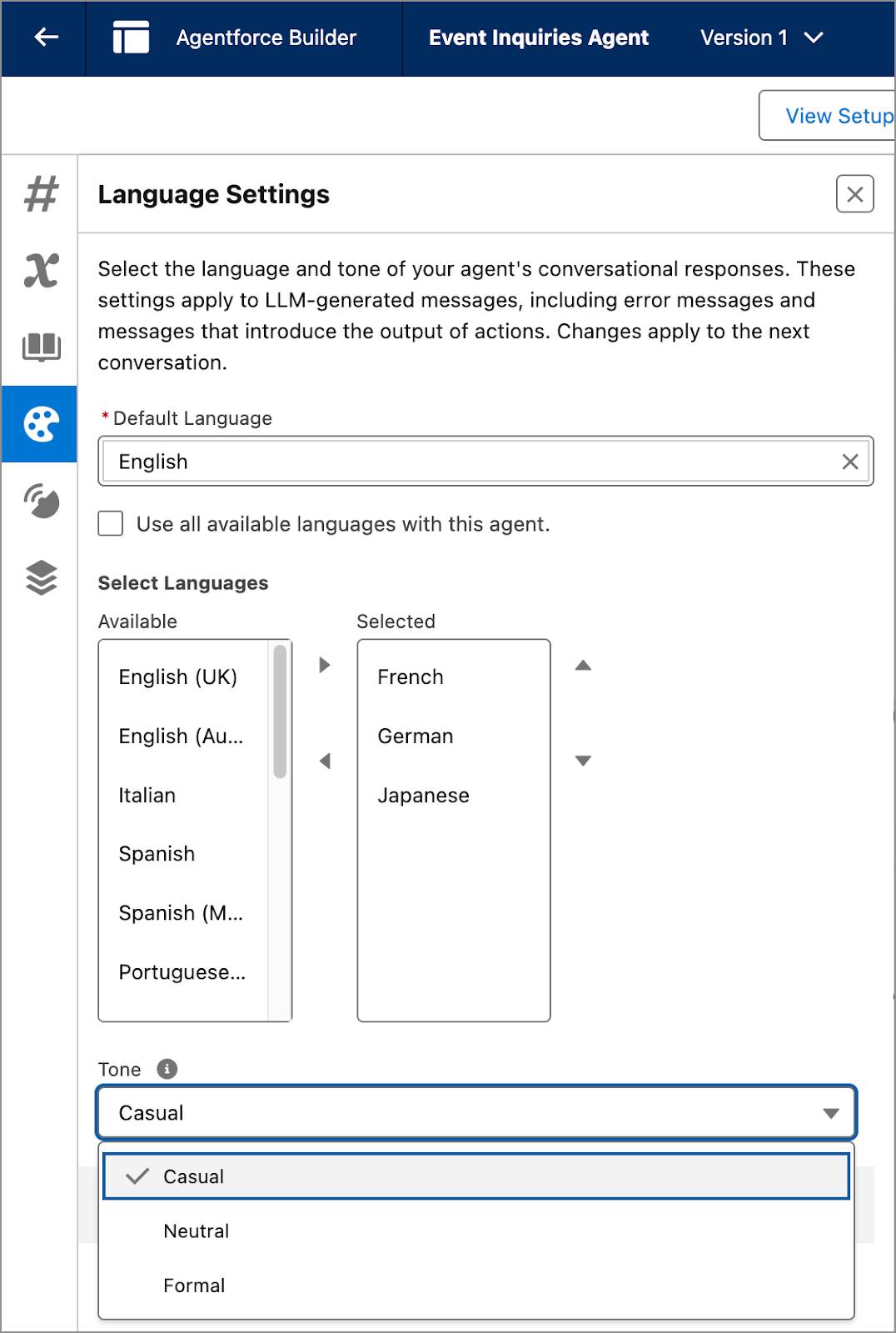 Panel Language Settings (Configuración de idioma) correspondiente al texto anterior.