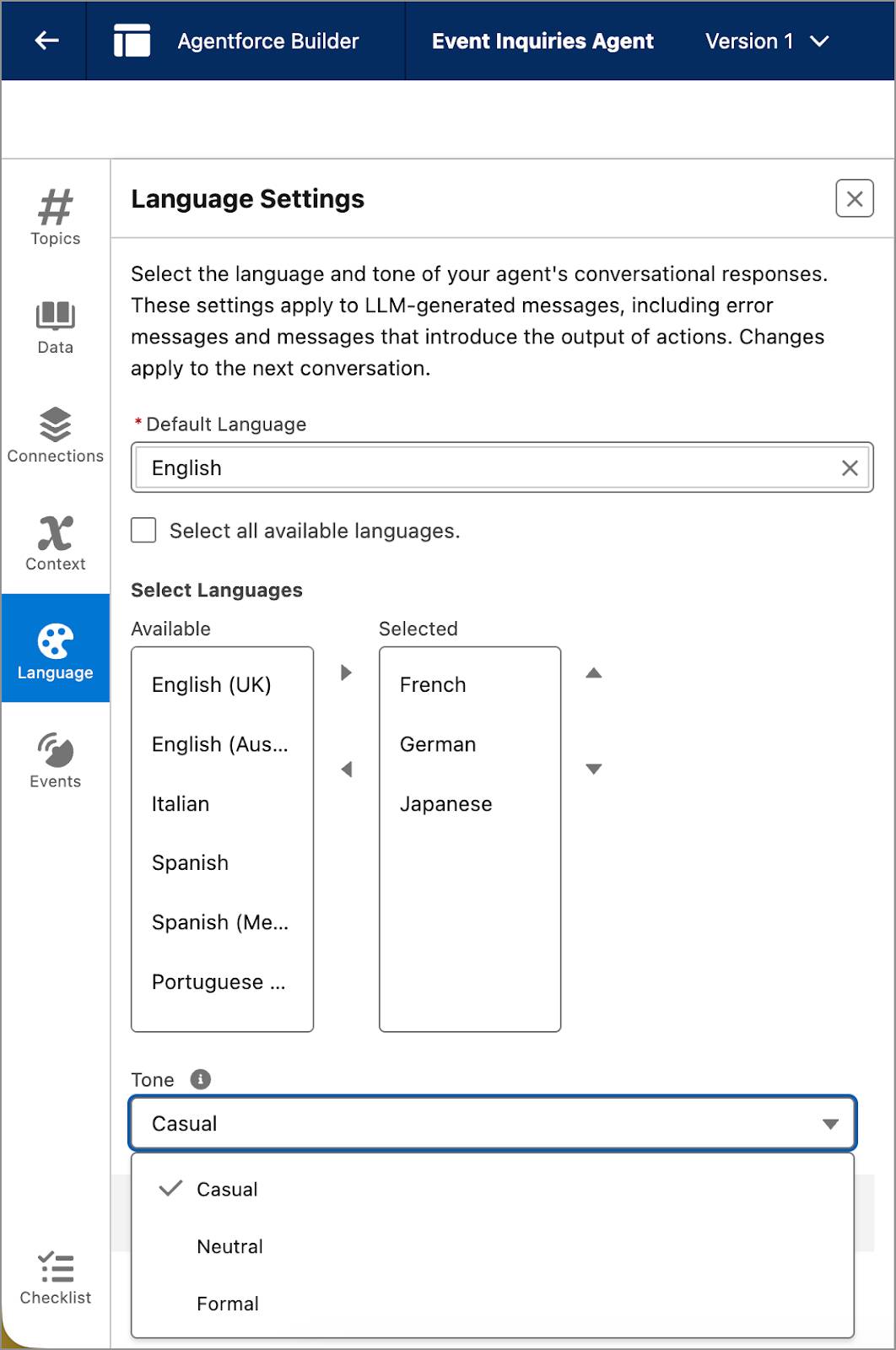 The Language Settings panel corresponding to the preceding text.