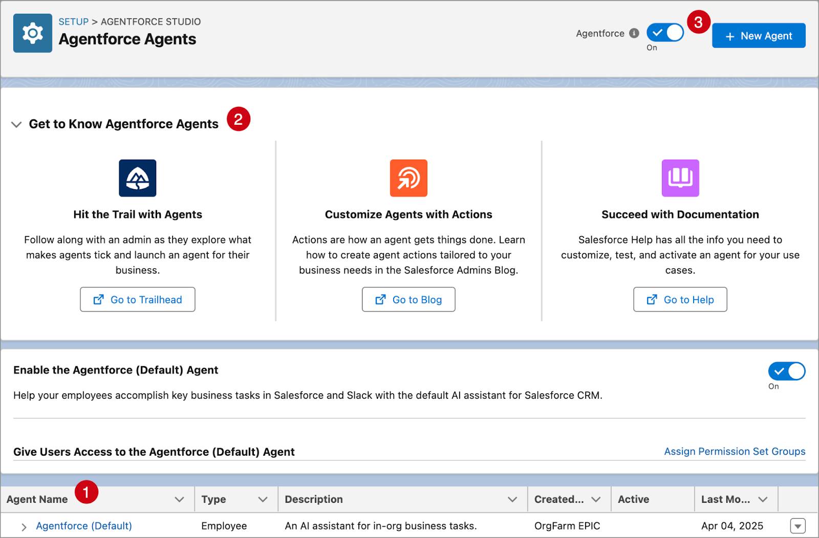 The Agentforce Agents screen corresponding to the preceding numbered descriptions.