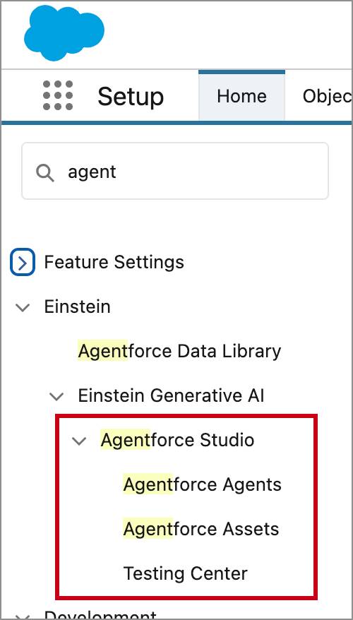 The Agentforce Studio setting in Setup with 3 subsettings: Agentforce Agents, Agentforce Assets, and Testing Center.
