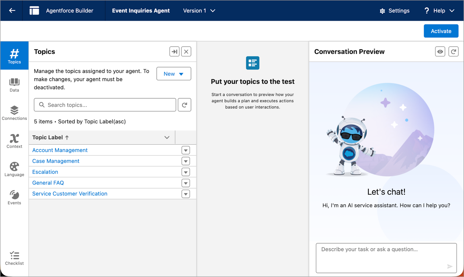 The Event Inquiries Agent has five topics: Account Management, Case Management, Escalation, General FAQ, and Service Customer Verification.