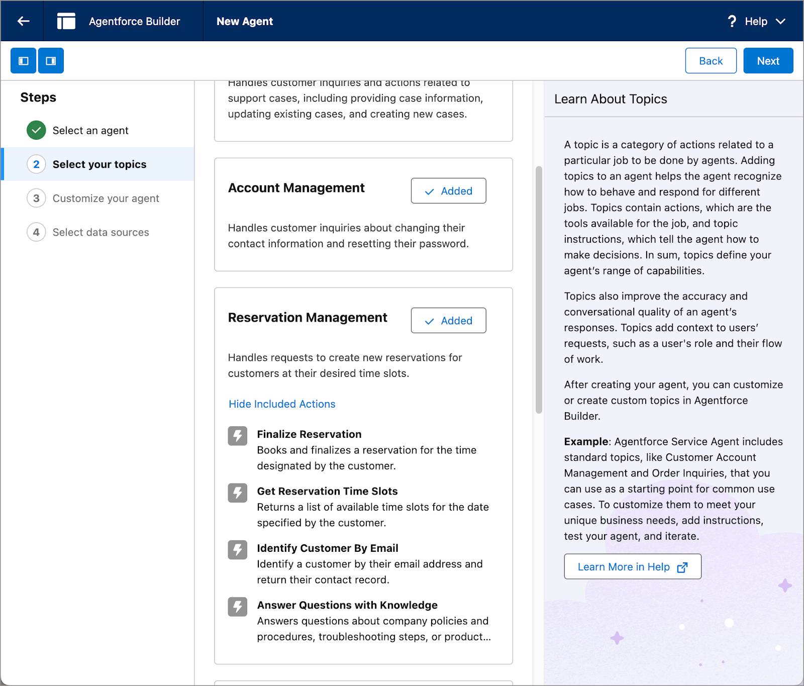 In the Select your topics step, the Reservation Management topic includes 4 actions: Finalize Reservation, Get Reservation Time Slots, Identify Customer By Email, and Answer Questions with Knowledge.