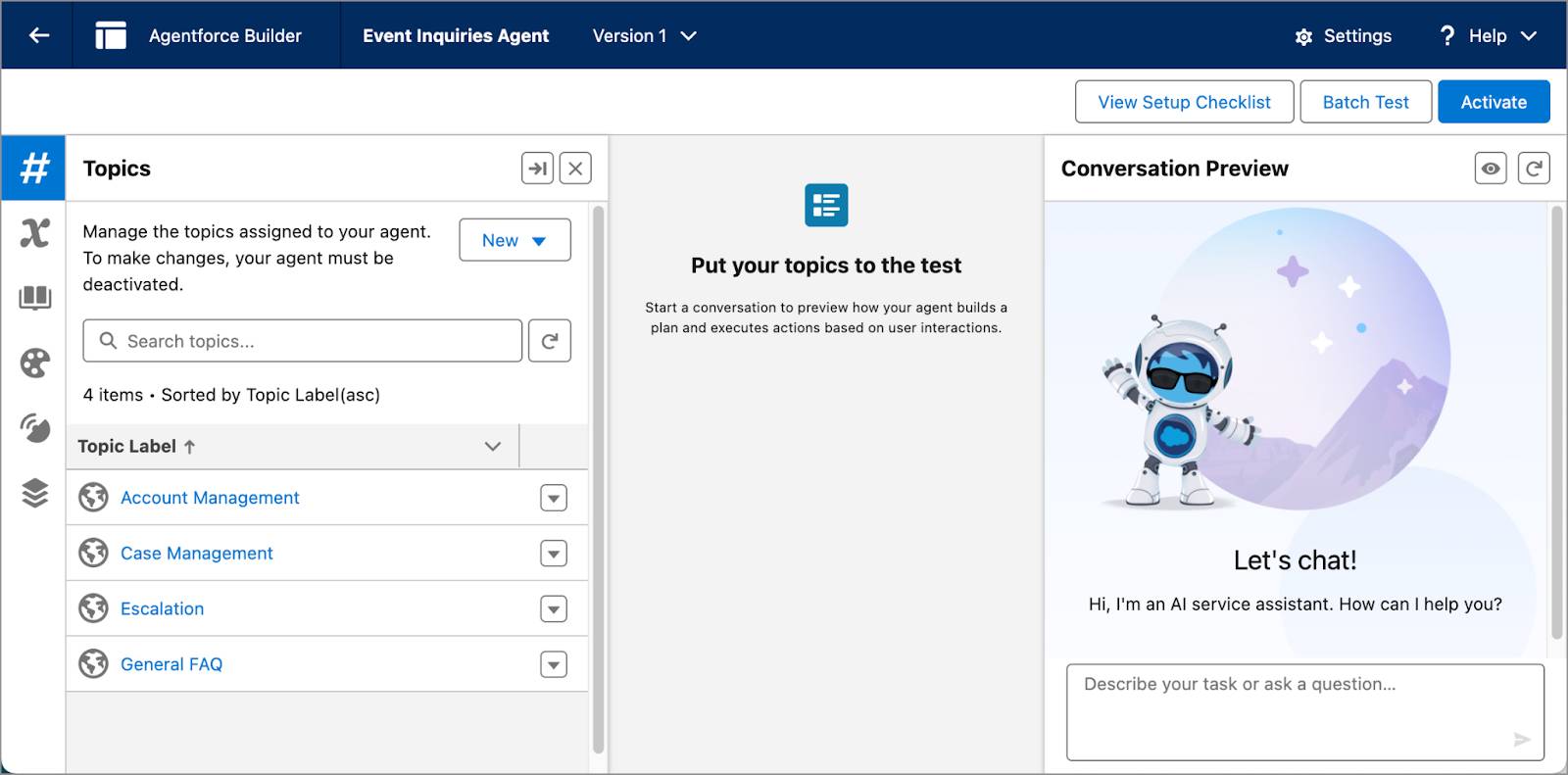 The Event Inquiries Agent has four topics: Account Management, Case Management, Escalation, and General FAQ.