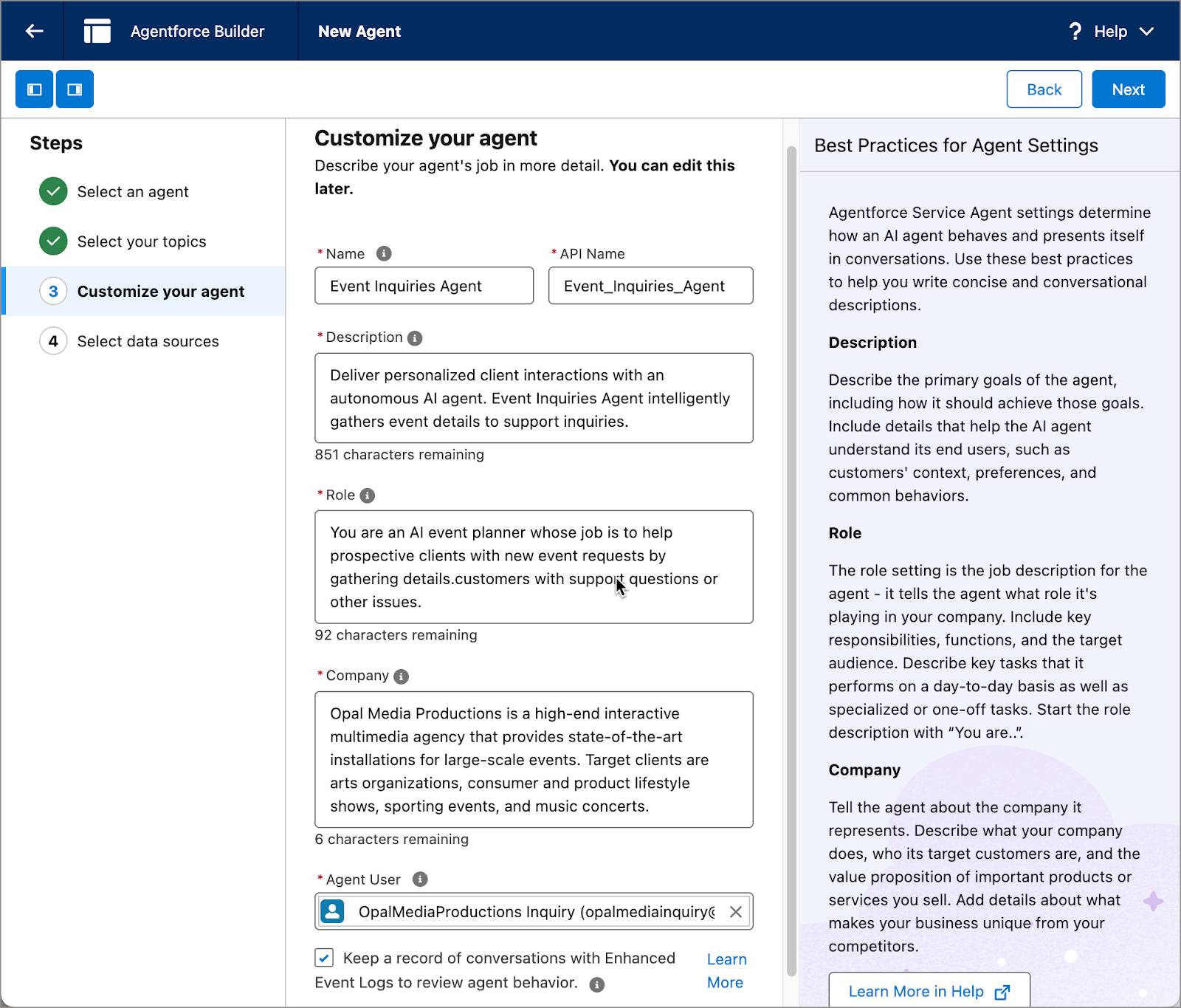 L’étape Define Settings (Définir les paramètres), qui correspond aux instructions précédentes.