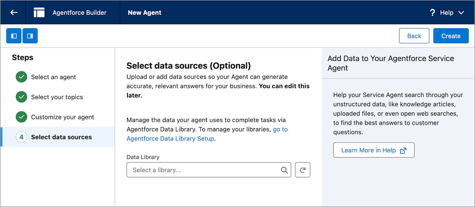 Dans l’étape Select data sources (Sélectionner des sources de données), le champ Data Library (Bibliothèque de données) est vide.